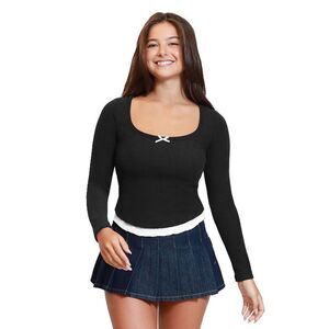 Junior's Madden Girl LS Scoop Neck XL Layered Style Top With Ruffle Hem #1